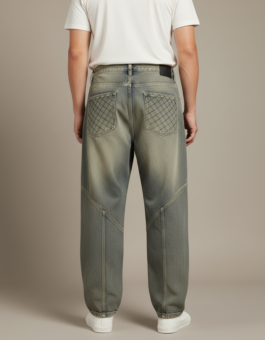 Pantalon Baggy Denim Décontracté Imprimé Losanges Homme - Kaki Jean - vue 2