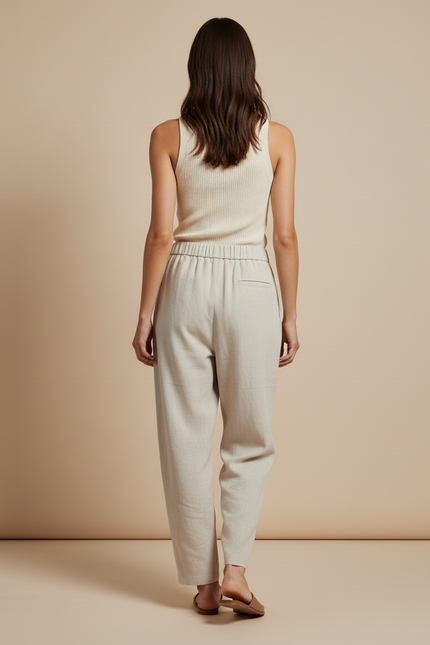 Pantalon Baggy Femme Beige Taille Élastique - Lin - vue 2