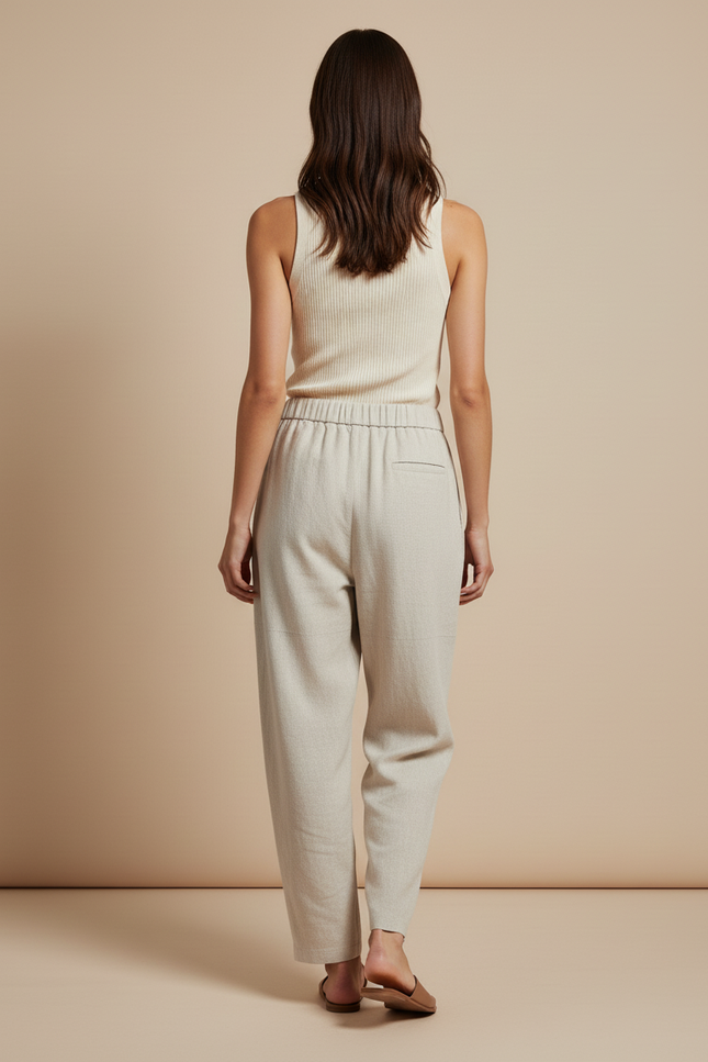 Pantalon Baggy Femme Beige Taille Élastique - Lin - vue 2