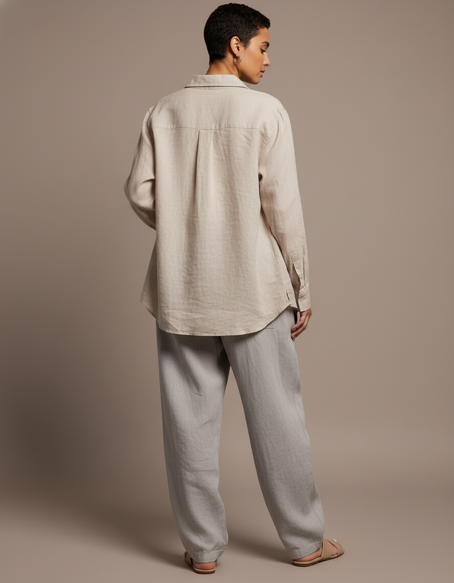 Pantalon Baggy Gris Lin Cordon Ample Décontracté Femme - vue 2