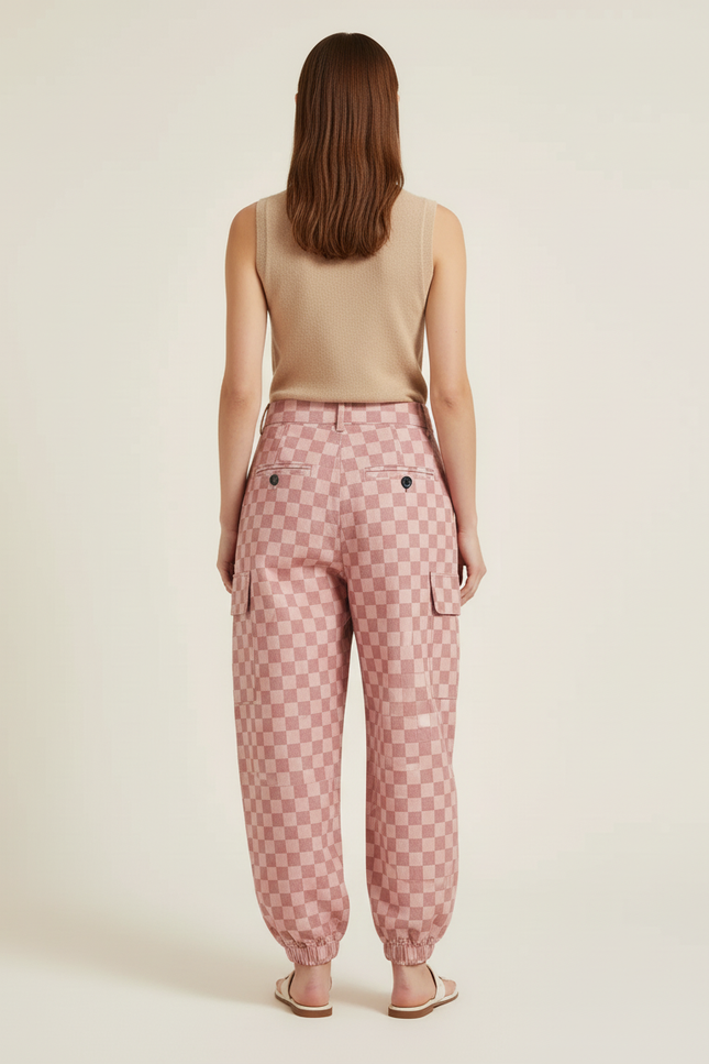 Pantalon Baggy Carreaux Roses Ample Confortable Élastiqué - Coton - vue 2