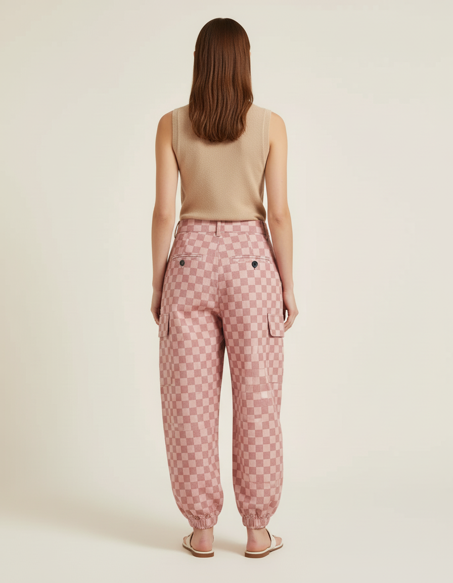 Pantalon Baggy Carreaux Roses Ample Confortable Élastiqué - Coton - vue 2