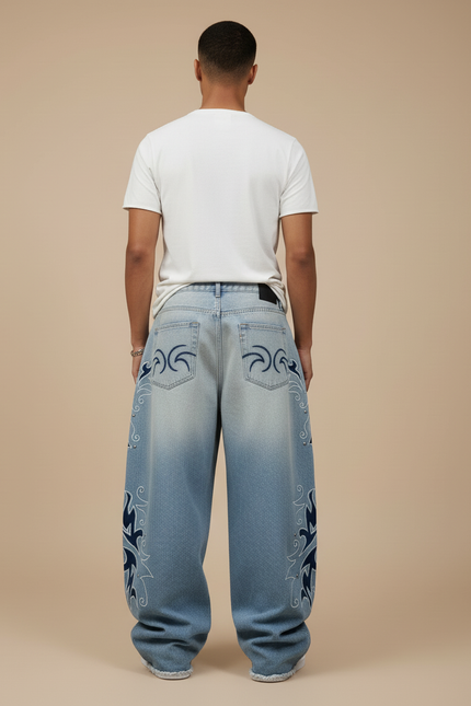Pantalon Baggy Jean Bleu Clair Brodé Ample Homme - vue 2