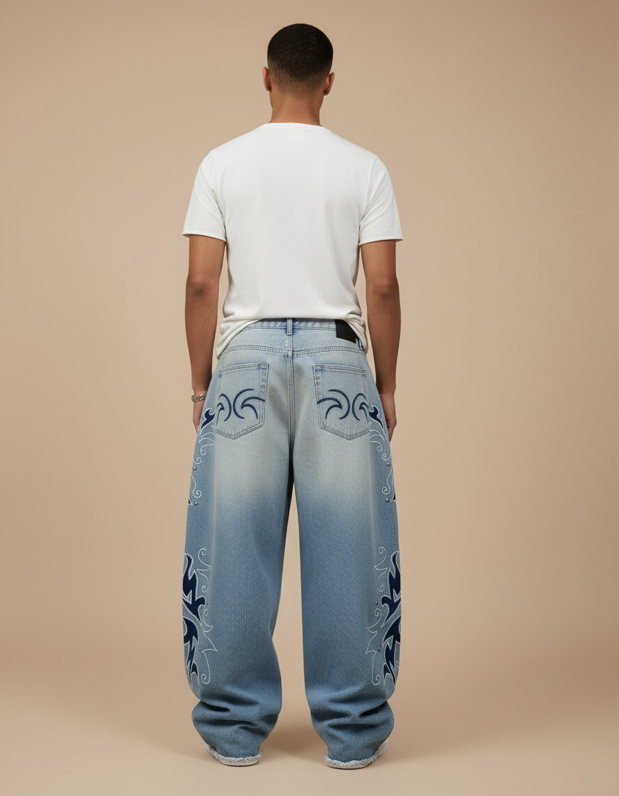 Pantalon Baggy Jean Bleu Clair Brodé Ample Homme - vue 2