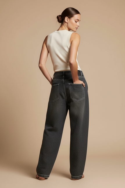 Pantalon Baggy Gris Denim Large Brodé Femme - Jean - vue 2