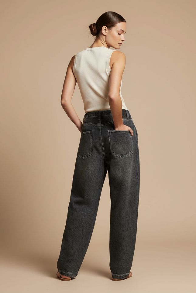 Pantalon Baggy Gris Denim Large Brodé Femme - Jean - vue 2