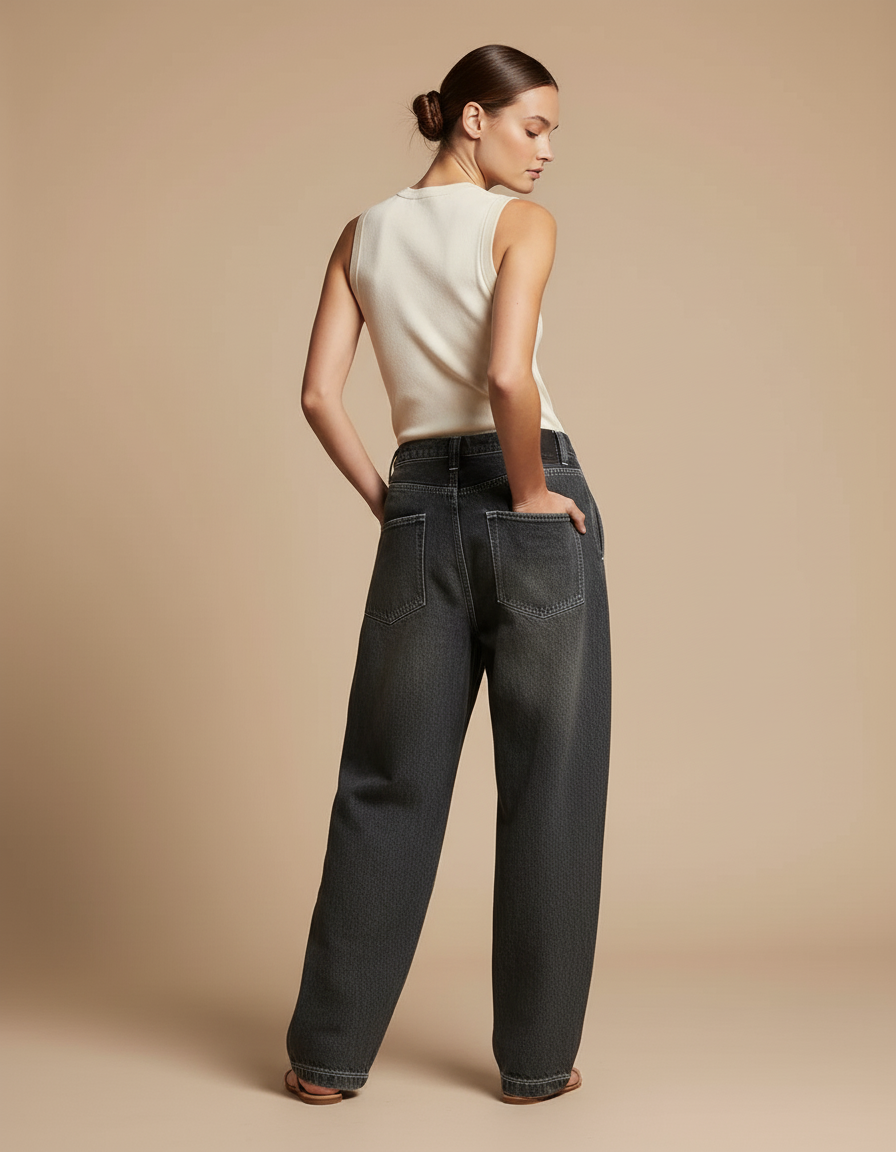 Pantalon Baggy Gris Denim Large Brodé Femme - Jean - vue 2