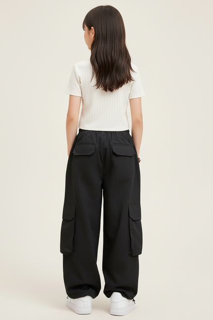 Pantalon Baggy Noir Cargo Nœuds Blancs Streetwear - Polyester - vue 2