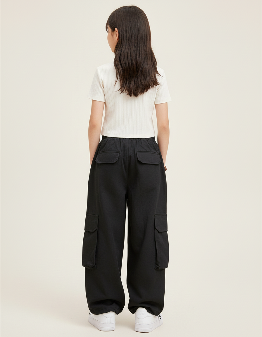Pantalon Baggy Noir Cargo Nœuds Blancs Streetwear - Polyester - vue 2