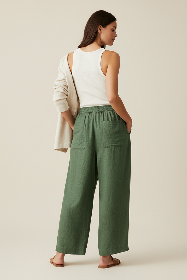Pantalon Baggy Vert Lin Ample Fluide Taille Haute - vue 2