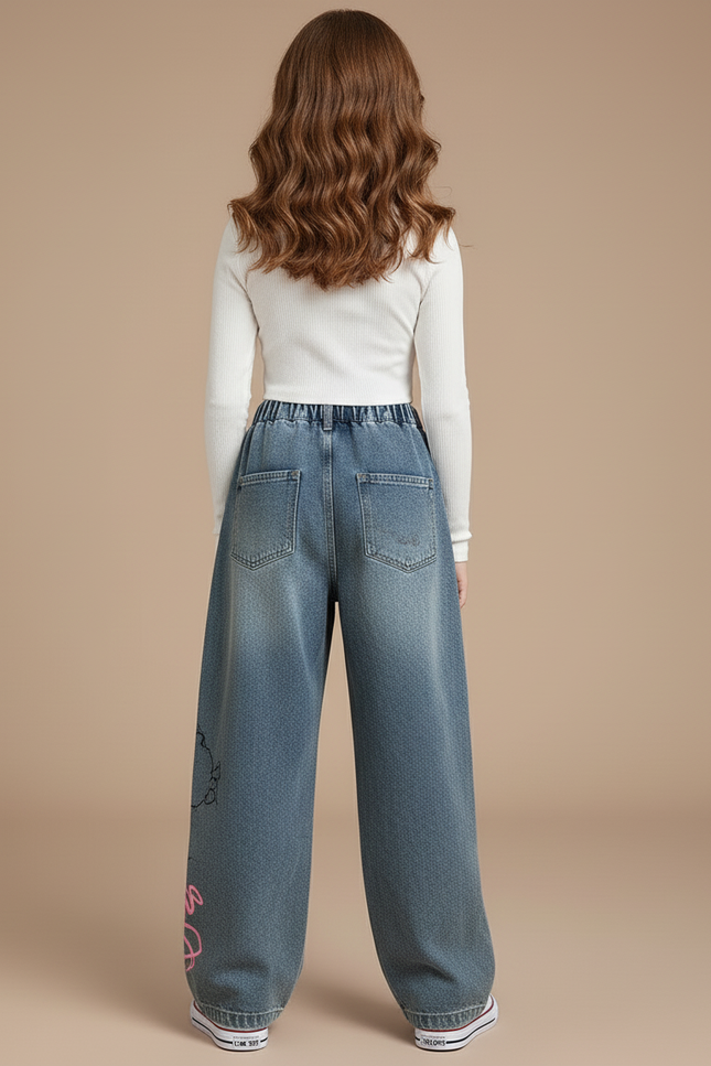 Pantalon Baggy Jean Graffiti Ample Décontracté Fille - Bleu - vue 2