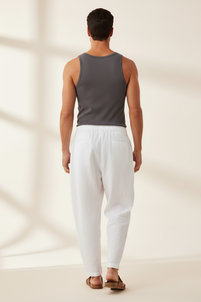 Pantalon Baggy Blanc Lin Ample Cordon Décontracté Homme - vue 2