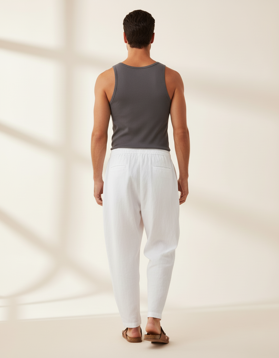 Pantalon Baggy Blanc Lin Ample Cordon Décontracté Homme - vue 2