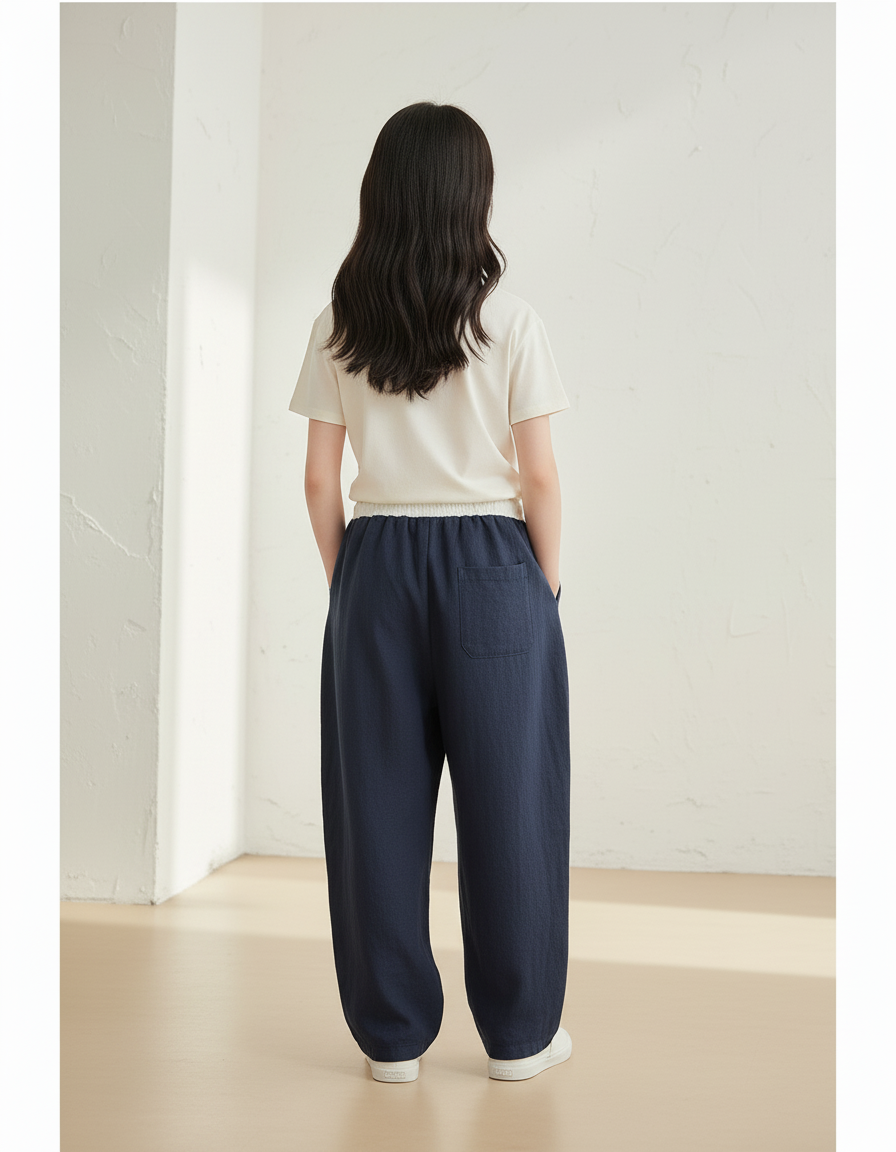Pantalon Baggy Bleu Marine Ample Cordon Décontracté - Lin - vue 2