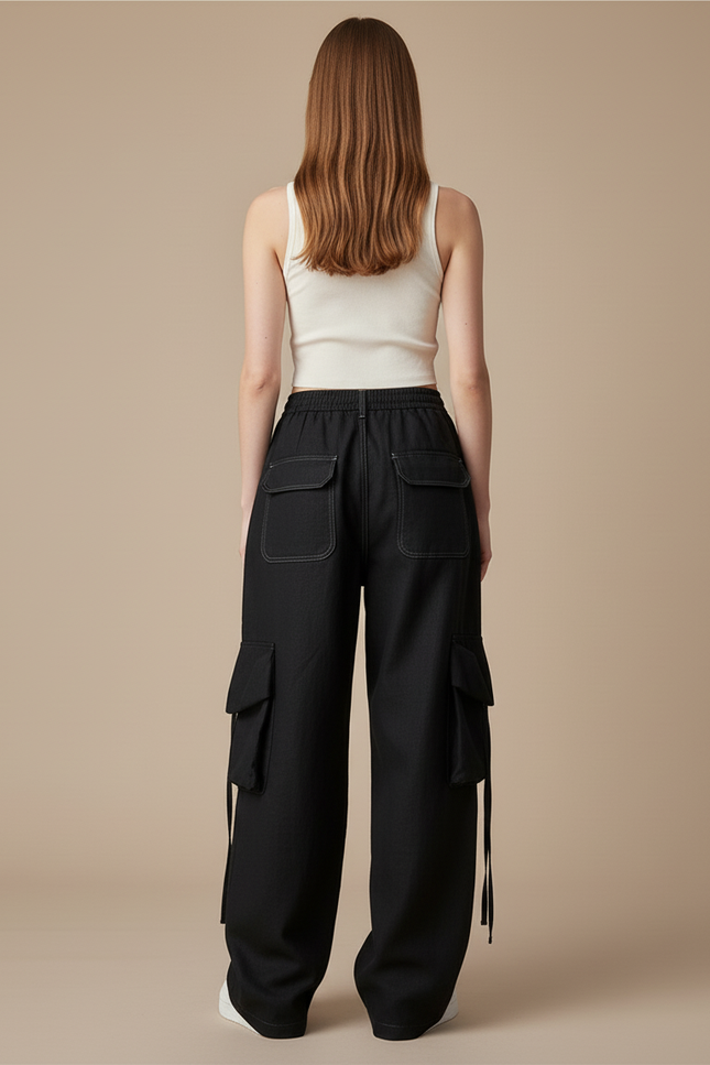 Pantalon Baggy Noir Ample Cargo Cordon Femme - Jean - vue 2