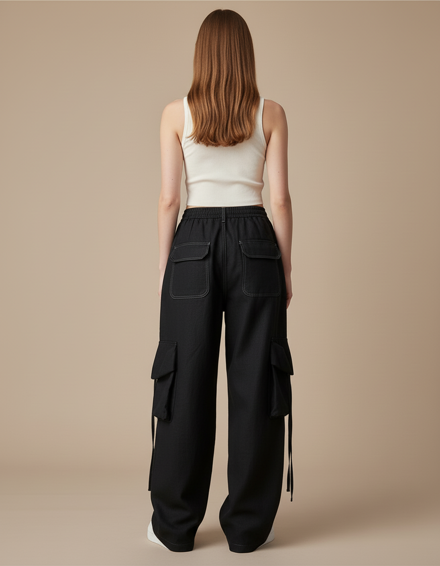Pantalon Baggy Noir Ample Cargo Cordon Femme - Jean - vue 2