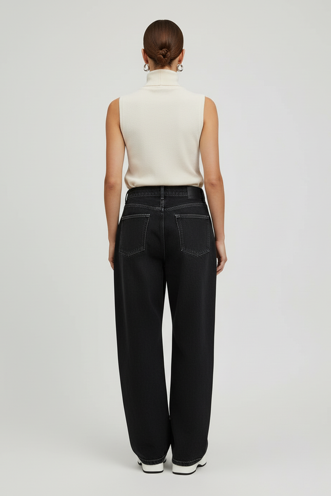 Pantalon Baggy Noir Brodé Ample Décontracté Femme - Jean - vue 2
