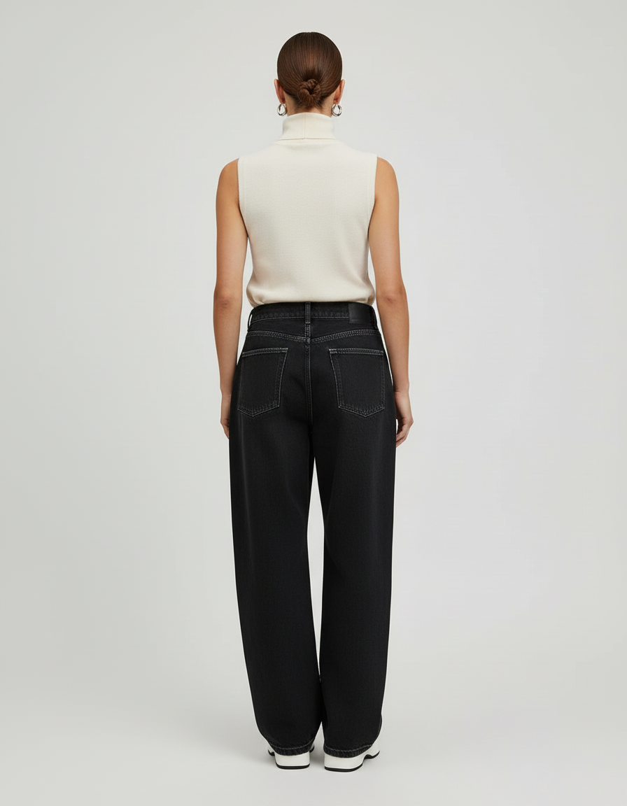 Pantalon Baggy Noir Brodé Ample Décontracté Femme - Jean - vue 2