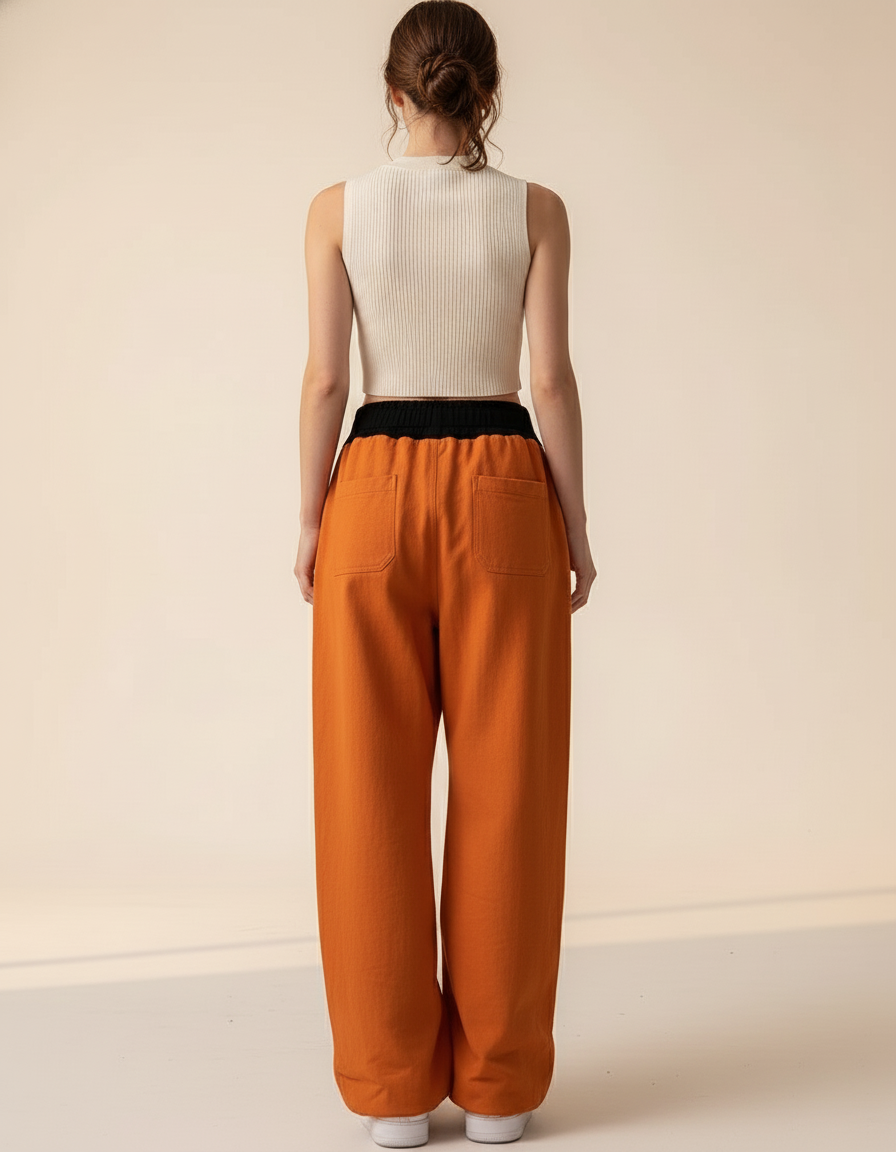 Pantalon Baggy Orange Imprimé Ample Cordon Streetwear - Molleton - vue 2