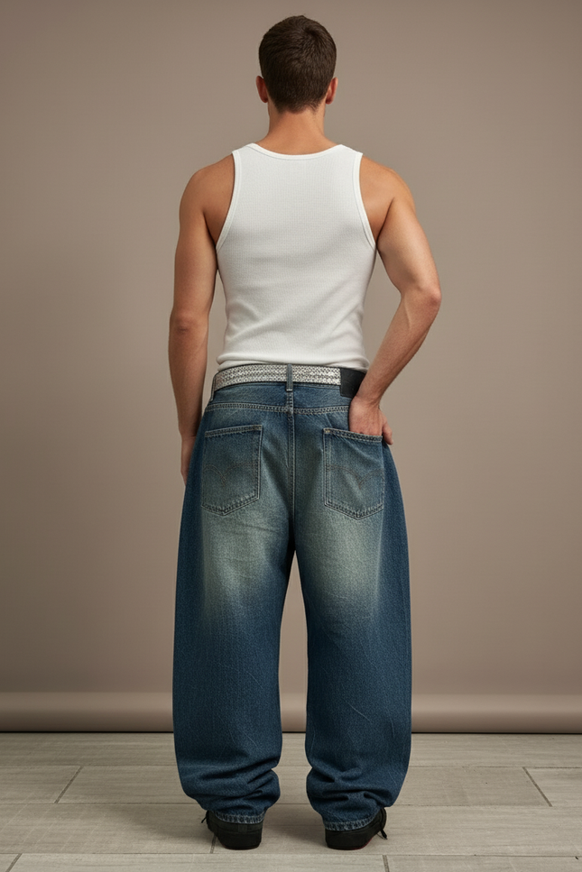 Pantalon Baggy Jean Bleu Ample Délavé Homme - vue 2