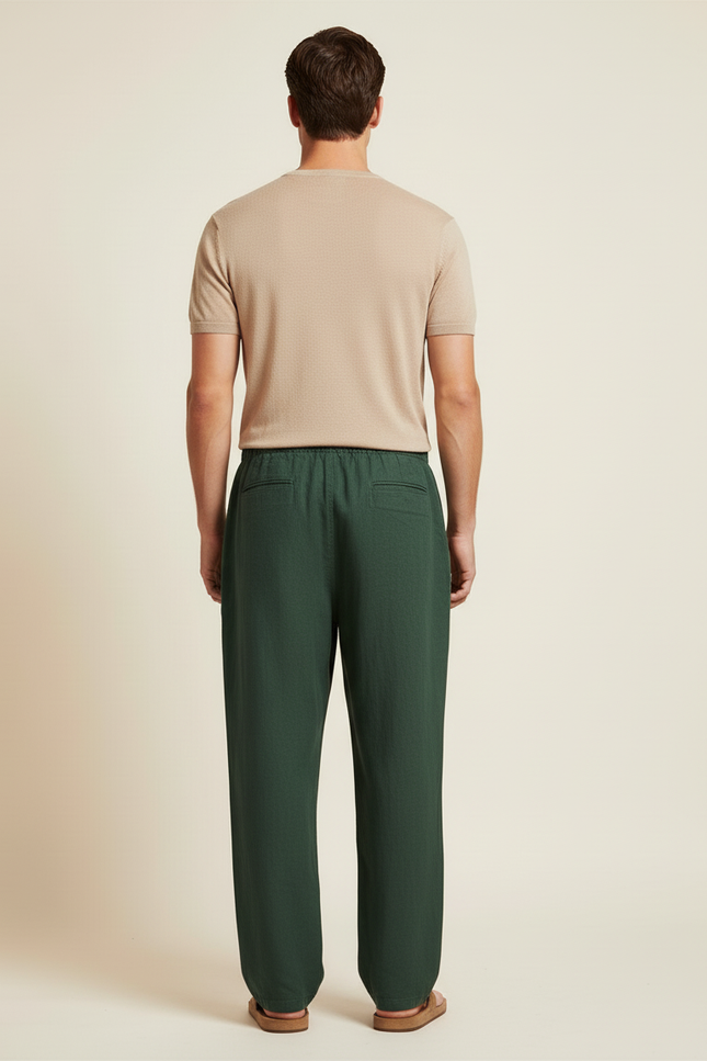 Pantalon Baggy Vert Lin Ample Cordon Décontracté Homme - vue 2