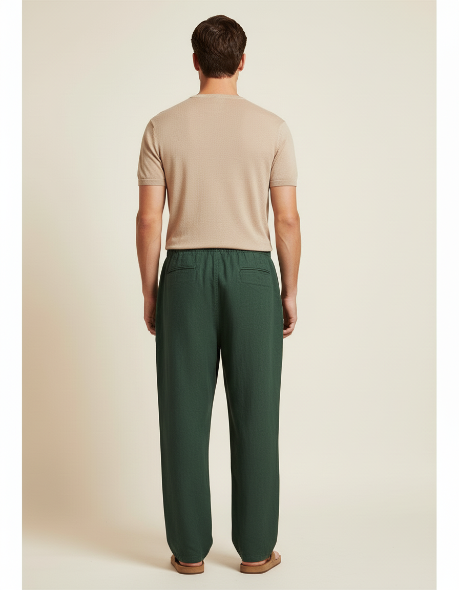 Pantalon Baggy Vert Lin Ample Cordon Décontracté Homme - vue 2