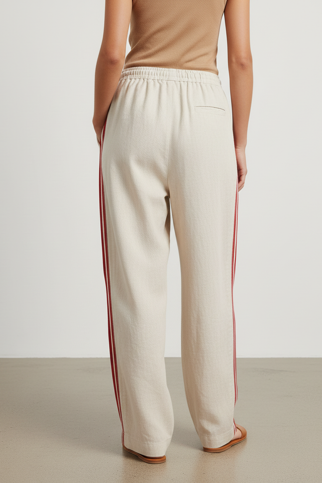 Pantalon Baggy Beige Lin Rayures Rouges Cordon - vue 2