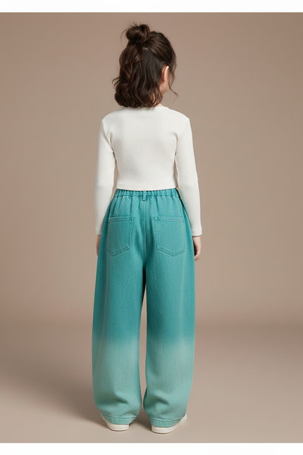 Pantalon Baggy Enfant Dégradé Large Streetwear Coton - Vert Jean - vue 2