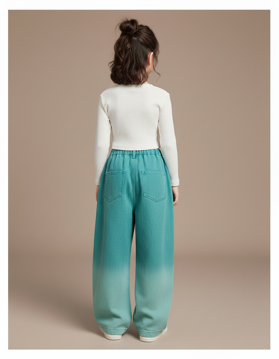 Pantalon Baggy Enfant Dégradé Large Streetwear Coton - Vert Jean - vue 2