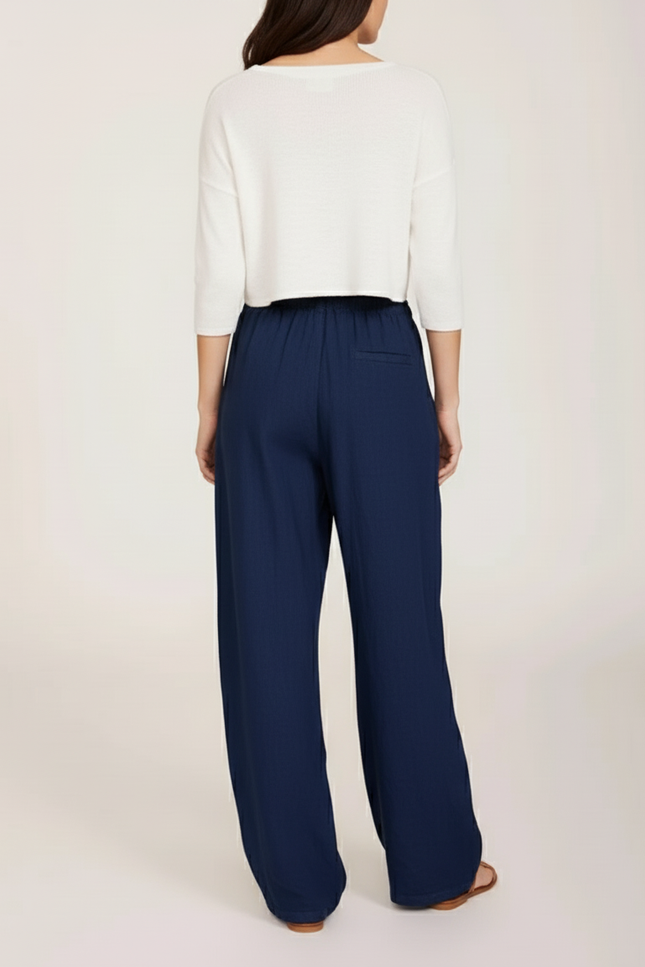 Pantalon Baggy Bleu Marine Ample Coton Lin Femme - vue 2