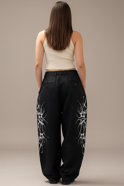 Pantalon Baggy Noir Lin Ample Imprimé Streetwear Femme - vue 2