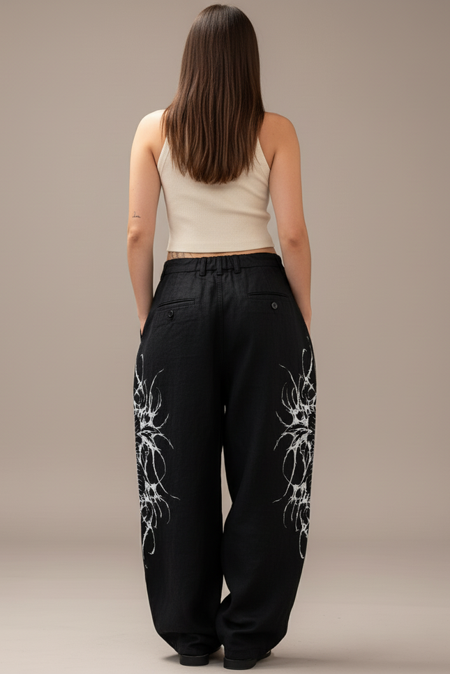 Pantalon Baggy Noir Lin Ample Imprimé Streetwear Femme - vue 2