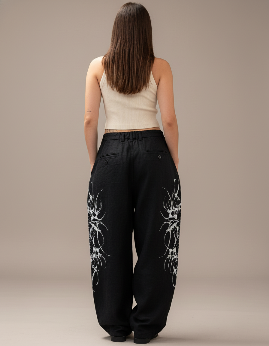 Pantalon Baggy Noir Lin Ample Imprimé Streetwear Femme - vue 2