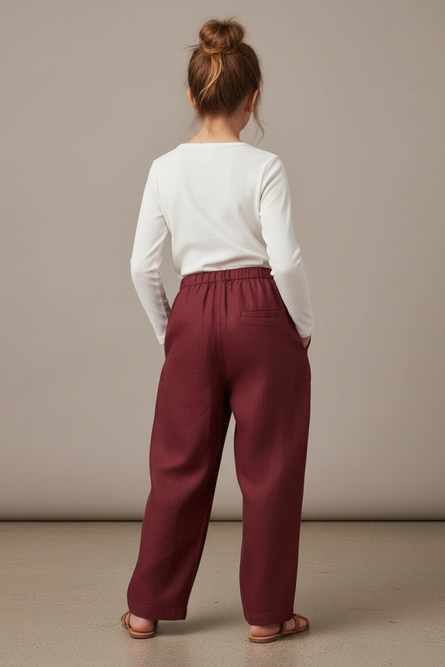 Pantalon Baggy Bordeaux Lin Ample Décontracté Élégant - vue 2