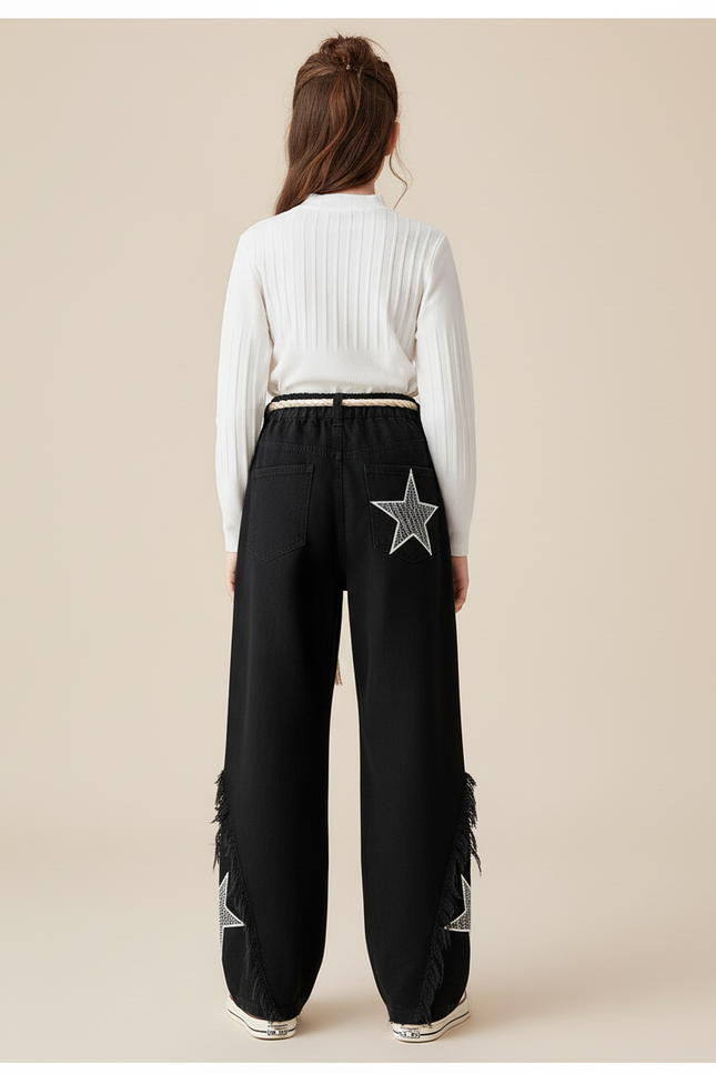 Pantalon Baggy Noir Étoiles Franges Ample Fille - Jean - vue 2
