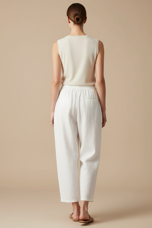 Pantalon Baggy Blanc Lin Ample Taille Élastique Femme - vue 2