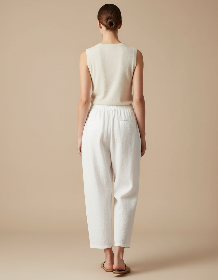 Pantalon Baggy Blanc Lin Ample Taille Élastique Femme - vue 2