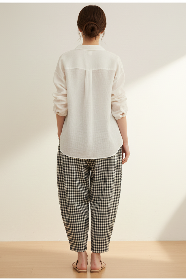 Pantalon Baggy Carreaux Noir Blanc Coton Ample Confortable - Imprimé Lin - vue 2