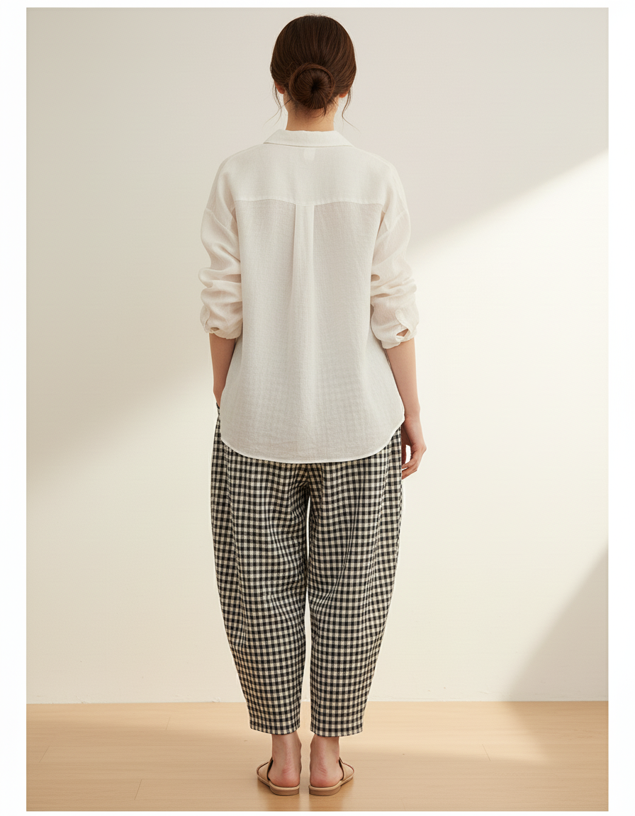 Pantalon Baggy Carreaux Noir Blanc Coton Ample Confortable - Imprimé Lin - vue 2