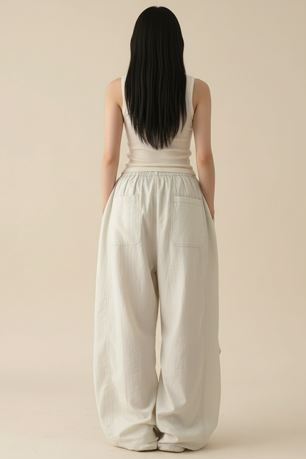 Pantalon Baggy Beige Ample Coton Fluide Décontracté - vue 2