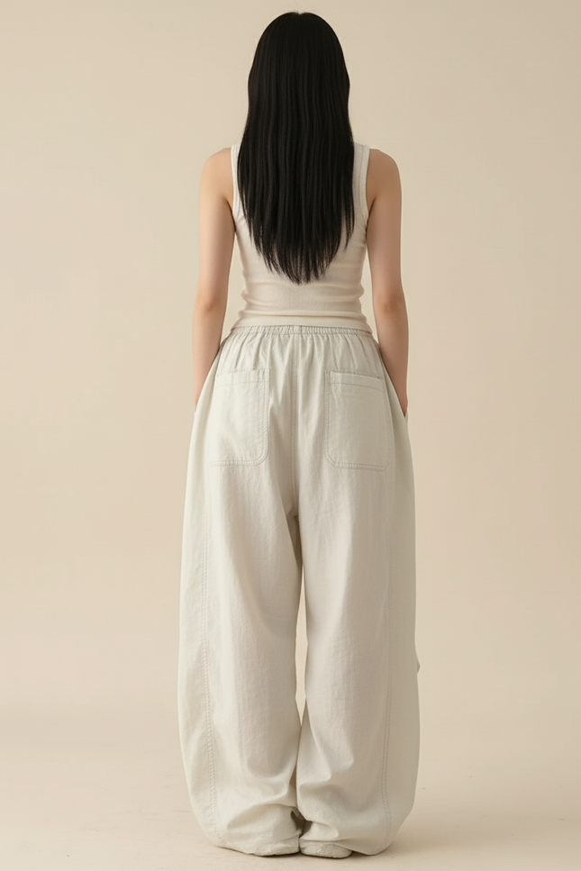 Pantalon Baggy Beige Ample Coton Fluide Décontracté - vue 2