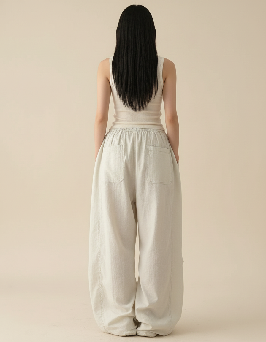 Pantalon Baggy Beige Ample Coton Fluide Décontracté - vue 2