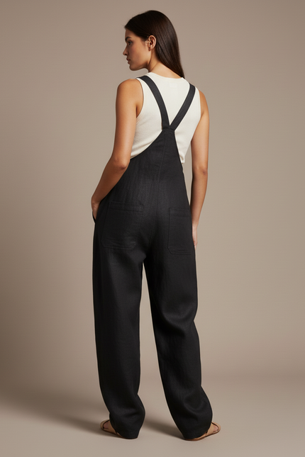 Pantalon Baggy Noir Lin Ample Élégant Bretelles - vue 2