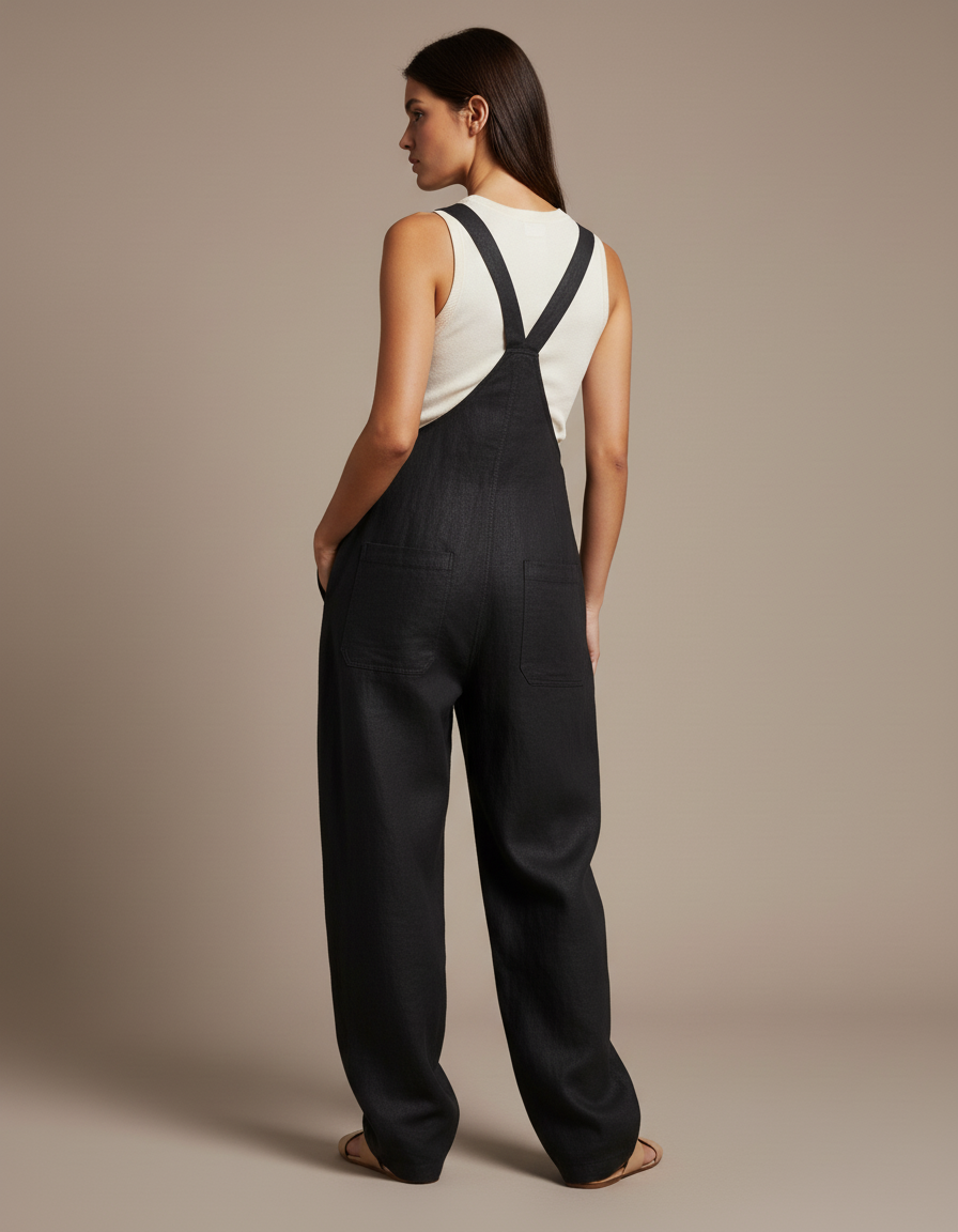 Pantalon Baggy Noir Lin Ample Élégant Bretelles - vue 2