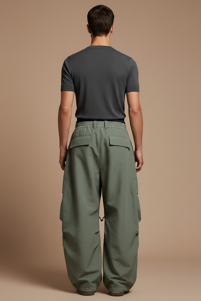 Pantalon Baggy Vert Kaki Ample Cargo Plissé Homme - Polyester - vue 2