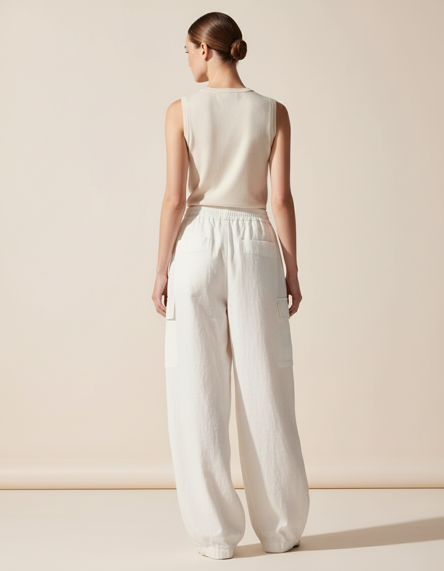 Pantalon Baggy Blanc Cargo Ample Lin Décontracté Femme - vue 2