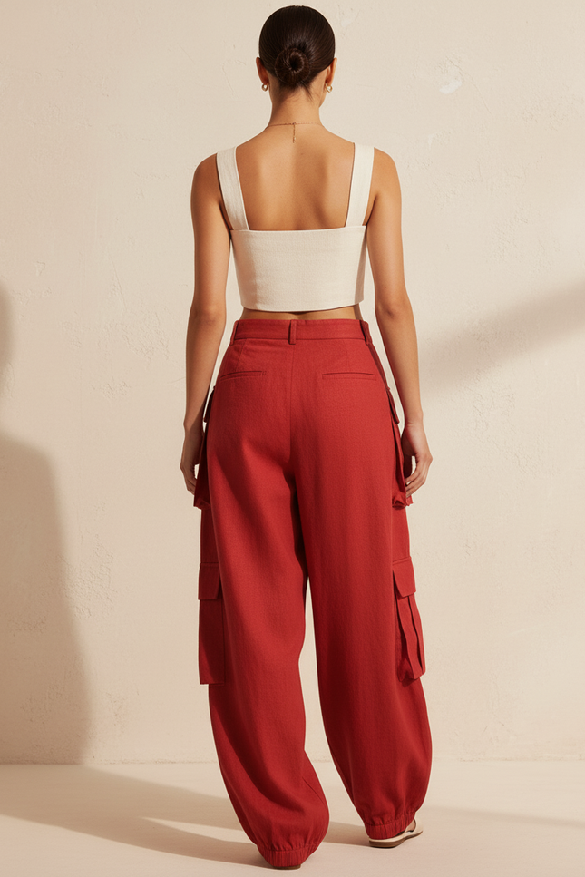 Pantalon Baggy Rouge Cargo Ample Lin Décontracté - vue 2