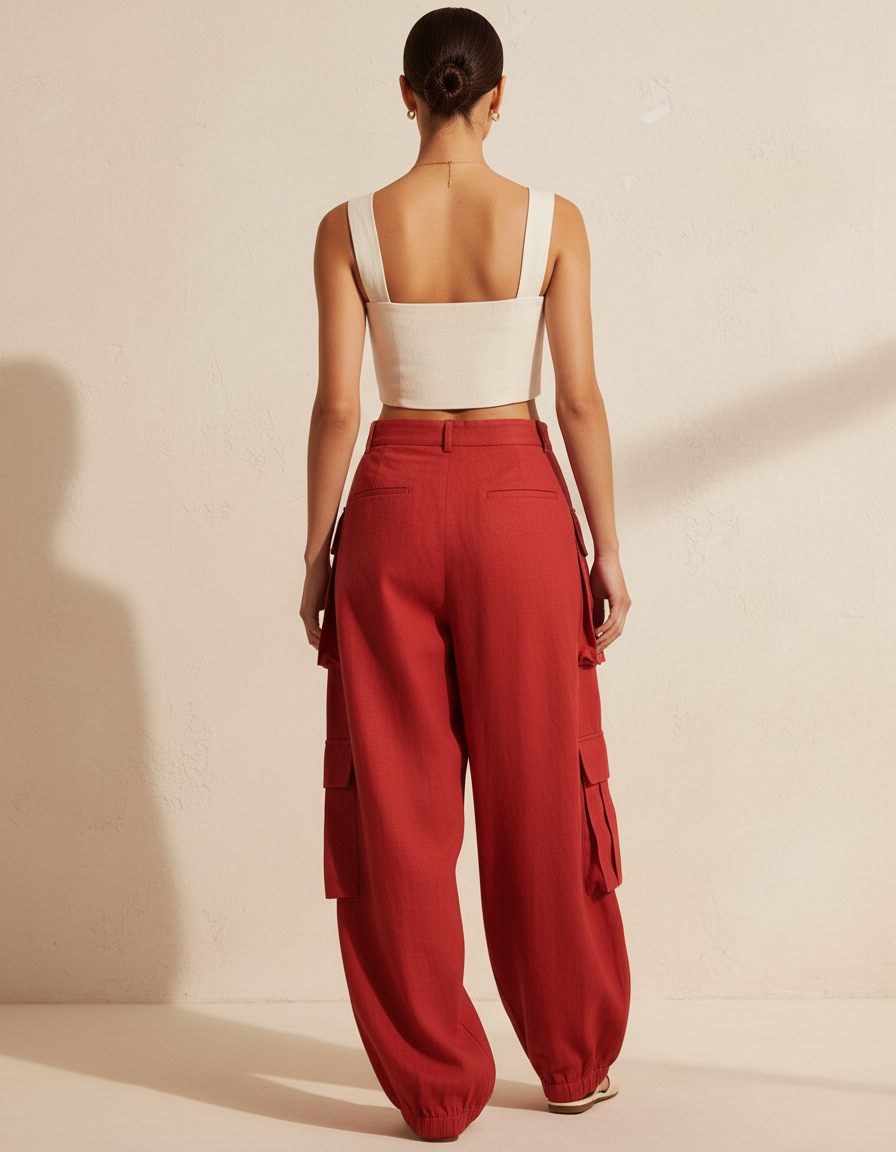 Pantalon Baggy Rouge Cargo Ample Lin Décontracté - vue 2