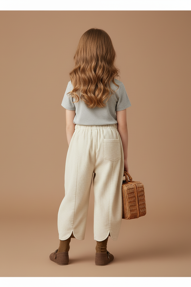 Pantalon Baggy Crème Côtelé Ample Scallop Enfant - Beige Cordé - vue 2