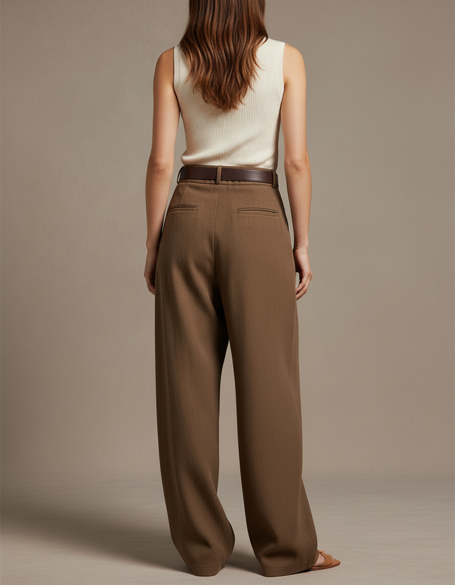Pantalon Baggy Marron Ample Taille Haute Femme - Laine - vue 2